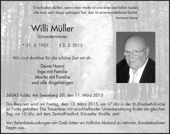 Traueranzeige von Willi Müller 