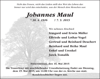 Traueranzeige von Johannes Maul 