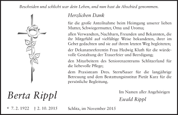 Traueranzeige von Berta Rippl 