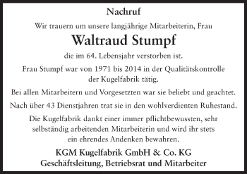 Traueranzeige von Waltraud Stumpf 