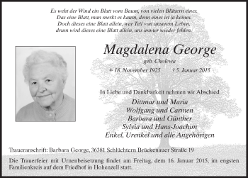 Traueranzeige von Magdalena George 