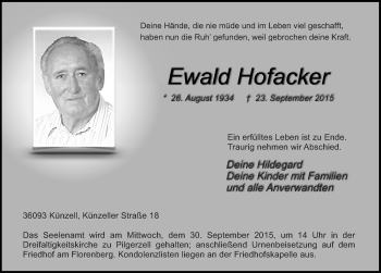 Traueranzeige von Ewald Hofacker 