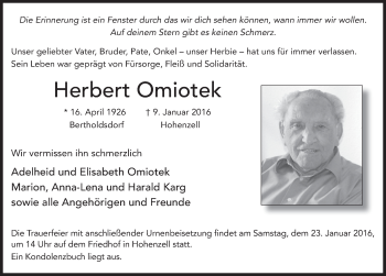 Traueranzeige von Herbert Omiotek 