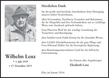 Traueranzeige von Wilhelm Lenz 