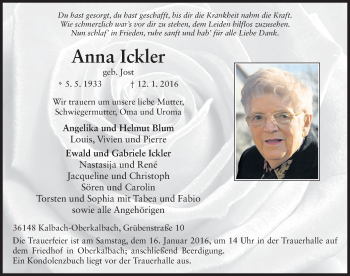 Traueranzeige von Anna Ickler 