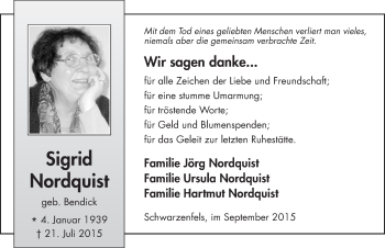 Traueranzeige von Sigrid Nordquist 