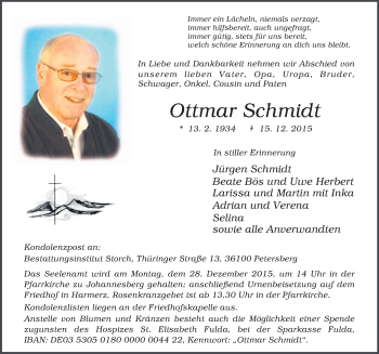 Traueranzeige von Ottmar Schmidt 