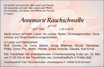 Traueranzeige von Annemarie Rauchschwalbe 