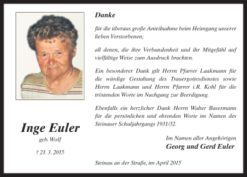 Traueranzeige von Inge Euler 