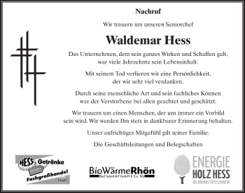 Traueranzeige von Waldemar Hess 