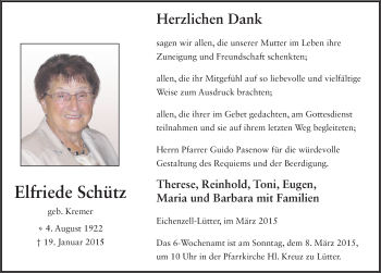 Traueranzeige von Elfriede Schütz von Fuldaer Zeitung