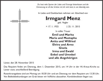Traueranzeige von Irmgard Menz 