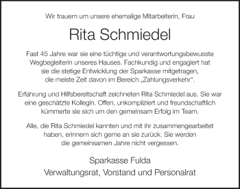 Traueranzeige von Rita Schmiedel 