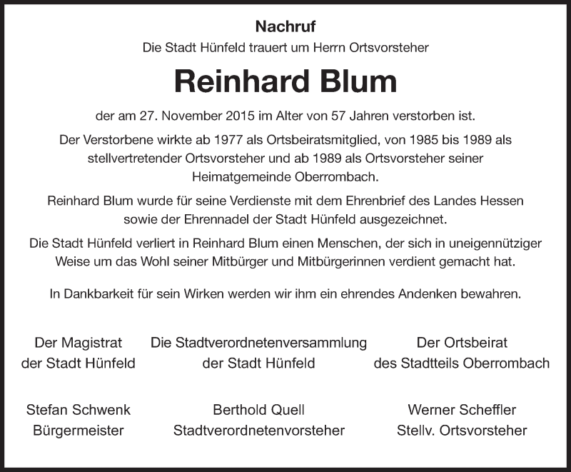  Traueranzeige für Reinhard Blum vom 02.12.2015 aus 