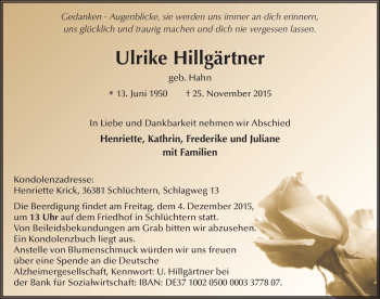 Traueranzeige von Ulrike Hillgärtner 