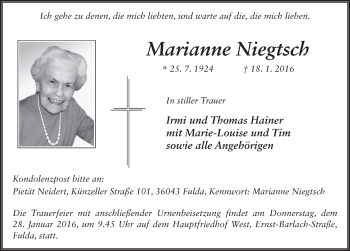Traueranzeige von Marianne Niegtsch 