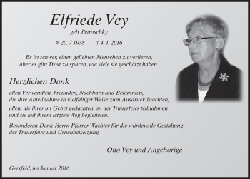 Traueranzeige von Elfriede Vey 