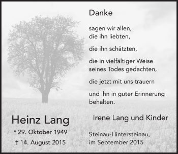 Traueranzeige von Heinz Lang 