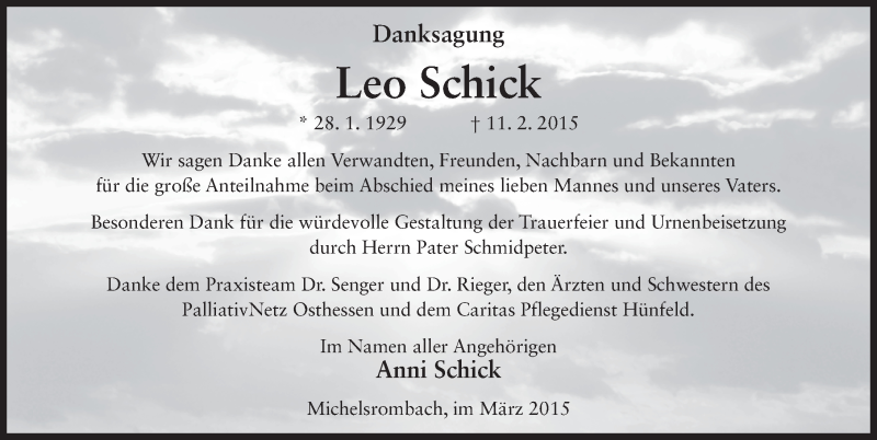  Traueranzeige für Leo Schick vom 21.03.2015 aus 