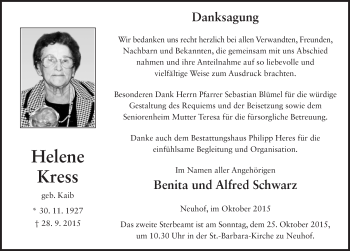 Traueranzeige von Helene Kress 