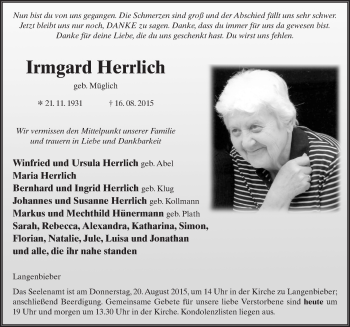 Traueranzeige von Irmgard Herrlich 
