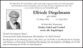 Traueranzeige von Elfriede Diegelmann 