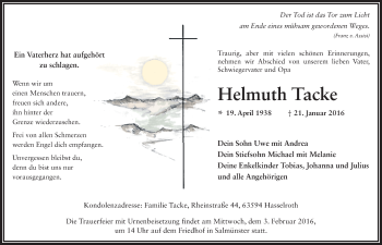 Traueranzeige von Helmuth Tacke 