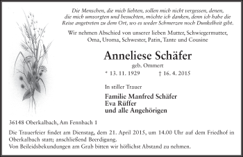 Traueranzeige von Anneliese Schäfer 