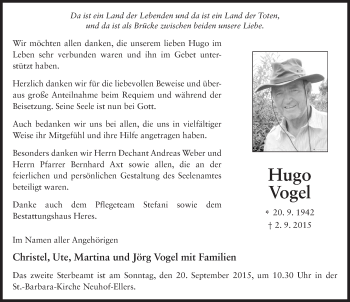 Traueranzeige von Hugo Vogel 