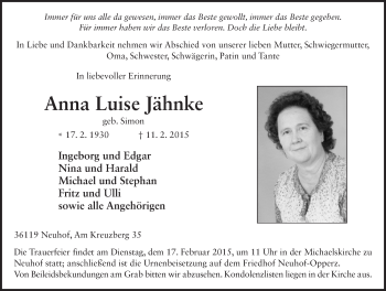 Traueranzeige von Anna Luise Jähnke 