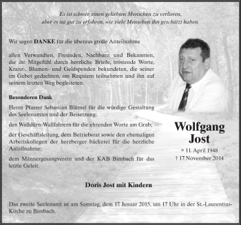 Traueranzeige von Wolfgang Jost 
