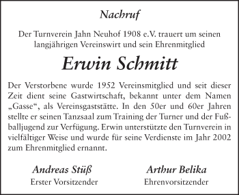 Traueranzeige von Erwin Schmitt 