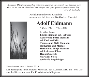 Traueranzeige von Adolf Eidmann 