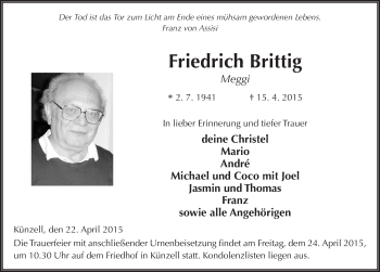 Traueranzeige von Friedrich Brittig 