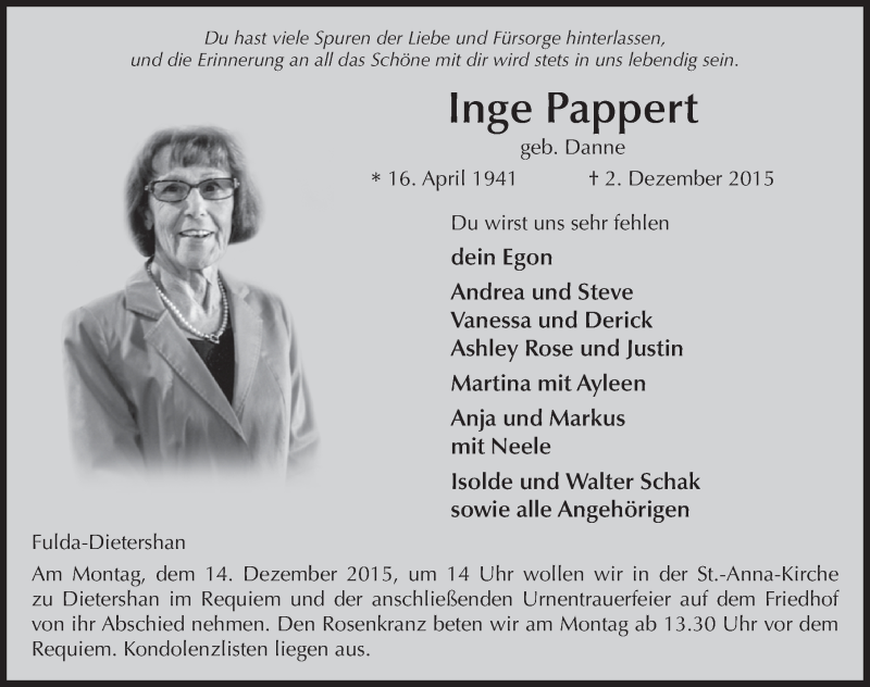  Traueranzeige für Inge Pappert vom 09.12.2015 aus 