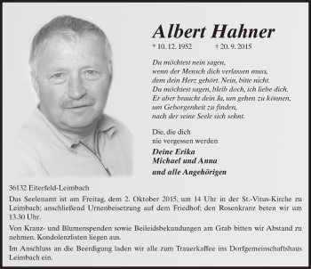Traueranzeige von Albert Hahner 