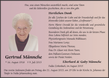 Traueranzeige von Gertrud Männche 