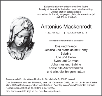 Traueranzeige von Antonius Mackenrodt 