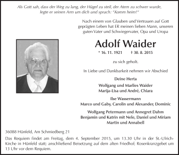 Traueranzeige von Adolf Waider 