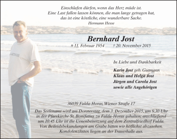 Traueranzeige von Bernhard Jost 