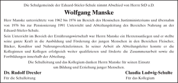 Traueranzeige von Wolfgang Manske 