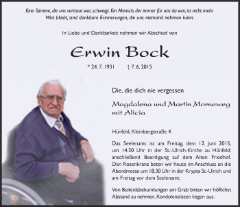 Traueranzeige von Erwin Bock 