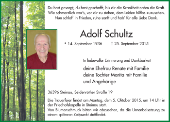 Traueranzeige von Adolf Schultz 