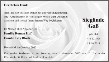 Traueranzeige von Sieglinde Gaß 