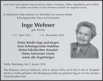 Traueranzeige von Inge Wehner 
