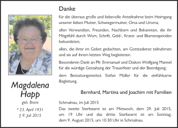 Traueranzeige von Magdalena Happ 