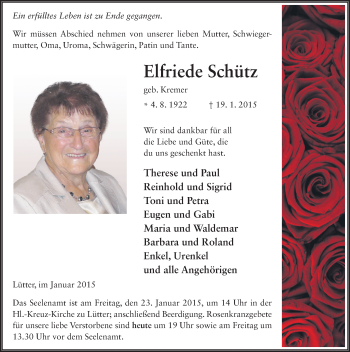 Traueranzeige von Elfriede Schütz 