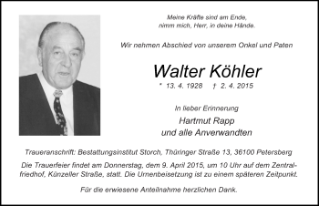 Traueranzeige von Walter Köhler 
