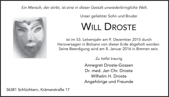 Traueranzeige von Will Droste 