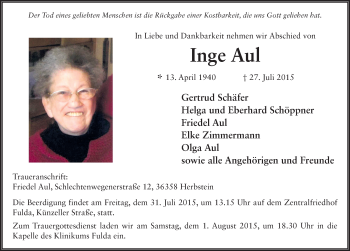 Traueranzeige von Inge Aul 